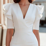 Elegant V-Neck Ruffle Sleeve Midi Dress