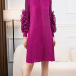 Long Sleeves Loose Embroidered Pleated Solid Color Round-Neck Midi Dresses