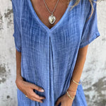 Bayside Bliss Linen Blend Short Sleeve Pleated Loose Midi Dress