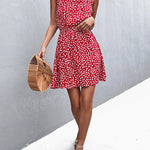 A-Line High Waisted Elasticity Leaves Print Pleated Halter-Neck Mini Dresses