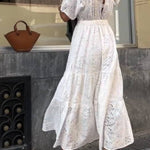 Openwork Embroidered V-Neck Knot-Detail Waist-Defining Maxi Dress