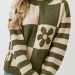 Checkered and Striped Knitted Pullover Sweater