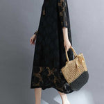 Half Sleeves Loose Hollow Solid Color Round-Neck Midi Dresses