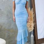 Beauty Untamed Mesh Overlay Off Shoulder Ruched Stretch Maxi Dress