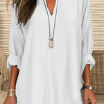Women's Cotton Long Sleeve Round Neck Solid Color Loose Beach Shirt