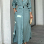 Full-Sleeve V Neck Belt Button Pocket Midi Dress