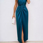 Loose Sleeveless Pleated Split-Front Split-Joint V-Neck Maxi Dresses