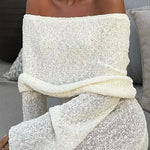 Marisol Ribbed Boucle Material Draped Off Shoulder Stretch Vacation Maxi Dress