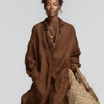 Women's Chocolate Linen Dress With Relaxed Silhouette & Long Sleeves, Timeless Boho-Casual Style Dress