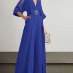 Solid Color Split-Front Contrast Color Tied Waist High Waisted V-Neck Jumpsuits