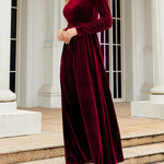 Long Sleeves Wrap Belted Pleated Solid Color Zipper Round-Neck Maxi Dresses