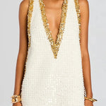 Cocktail Charm Sequin Colorblock Trim V-neck Sleeveless A-line Mini Dress