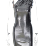 Skinny Asymmetric Shiny Solid Color Split-Joint One-Shoulder Evening Dresses Mini Dresses