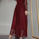 High Waisted Long Sleeves Buttoned Gauze See-Through Solid Color V-Neck Maxi Dresses