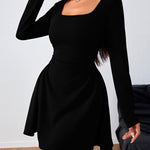A-line High Waisted Pleated Solid Color Square-neck Mini Dresses
