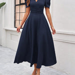 A-Line High Waisted Pleated Solid Color Zipper V-Neck Maxi Dresses