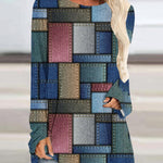 Crew Neck Long Sleeve Denim Pattern Mid-length Blouse
