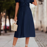 A-Line High Waisted Elasticity Knot Pleated Solid Color Split-Joint V-Neck Midi Dresses