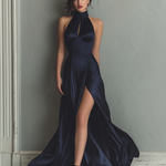 Women's Navy Satin Fabric Halter Gown With Cutout Detail & High Slit