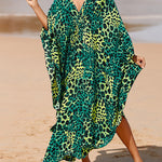 Batwing Sleeves Loose Leopard Split-Joint Split-Side Sun Protection V-Neck Beach Cover-Up Maxi Dresses