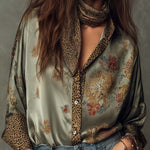 Satin Floral Button-Down Shirt With Leopard Trim
