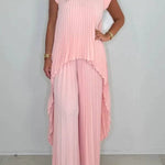 Round Neck Solid Sleeve Top Pleated Straight Pants Two-piece Set
