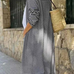 Black and White Striped Print Open Front Long Cardigan