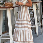 Summer Striped Print Patchwork Ruched Backless Maxi Dress