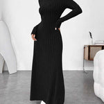 Long Sleeves Pleated Solid Color Split-Joint High Neck Maxi Dresses