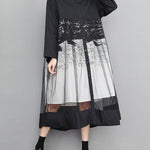 A-Line Long Sleeves Buttoned Gauze Printed Split-Joint Lapel Midi Dresses