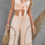 Kyomi Cotton Blend Embroidered Lace Strap Smocked Crop Tank Top