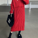 Long Sleeves Loose Solid Color Split-Joint Tasseled V-Neck Midi Dresses Sweater Dresses