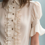 Retro Romantic Puff-Sleeve Champagne Ruffled Chiffon Blouse