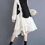 High-Low Long Sleeves Contrast Color Ruffle Trim Split-Joint Round-Neck Midi Dresses