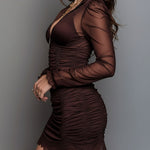 Elegant Lace Hem Mocha Sheer Sleeve Ruched Satin Mini Dress