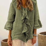 Women's Ruffles Casual Cotton And Linen 3/4 Sleeves Shirt
