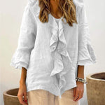 Women's Ruffles Casual Cotton And Linen 3/4 Sleeves Shirt