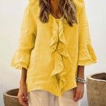 Women's Ruffles Casual Cotton And Linen 3/4 Sleeves Shirt