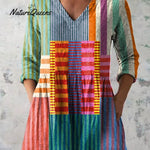 Women's Geometric Line Pattern Art Print Casual Cotton And Linen 3/4 Sleeve Shirt
