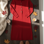 Classic Polo Collar Button Solid Color Knitted Midi Dress