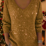 Women's V-neck Solid Color Loose Shiny Sweater