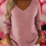 Women's V-neck Solid Color Loose Shiny Sweater