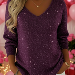 Women's V-neck Solid Color Loose Shiny Sweater