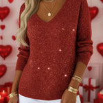 Women's V-neck Solid Color Loose Shiny Sweater