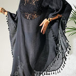 Batwing Sleeves Loose Hollow Solid Color Sun Protection Tasseled Round-Neck Cover-Ups Tops Midi Dresses