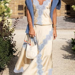 Light gold satin V-neck camisole with blue lace trim + matching skirt set