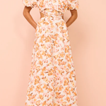 Elastic puff sleeves pleated waist back hollow sweet long skirt
