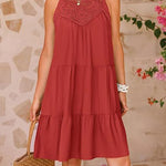 A-Line Loose Hollow Pleated Solid Color Split-Joint Round-Neck Mini Dresses