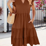 Loose Ruffle Sleeves Pleated Pockets Solid Color Split-Joint V-Neck Midi Dresses