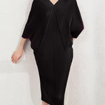 Batwing Sleeves Loose Pleated Solid Color V-Neck Midi Dresses